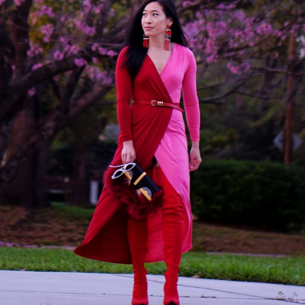 Red and Pink Jersey Stretchy Color-blocking Dress